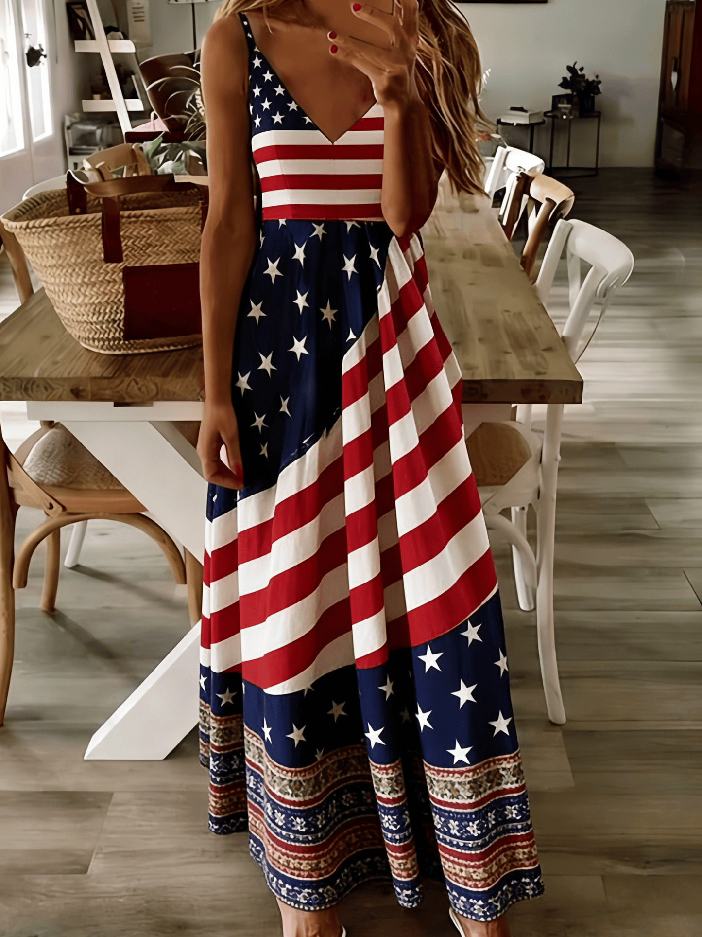 Women's 250th Anniversary American Flag Floral Vintage Patchwork Spaghetti Strap Dress