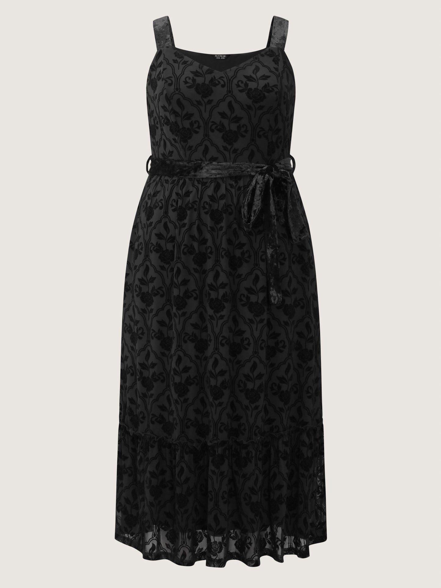 Flocked Spliced Velvety Tie Maxi Dress