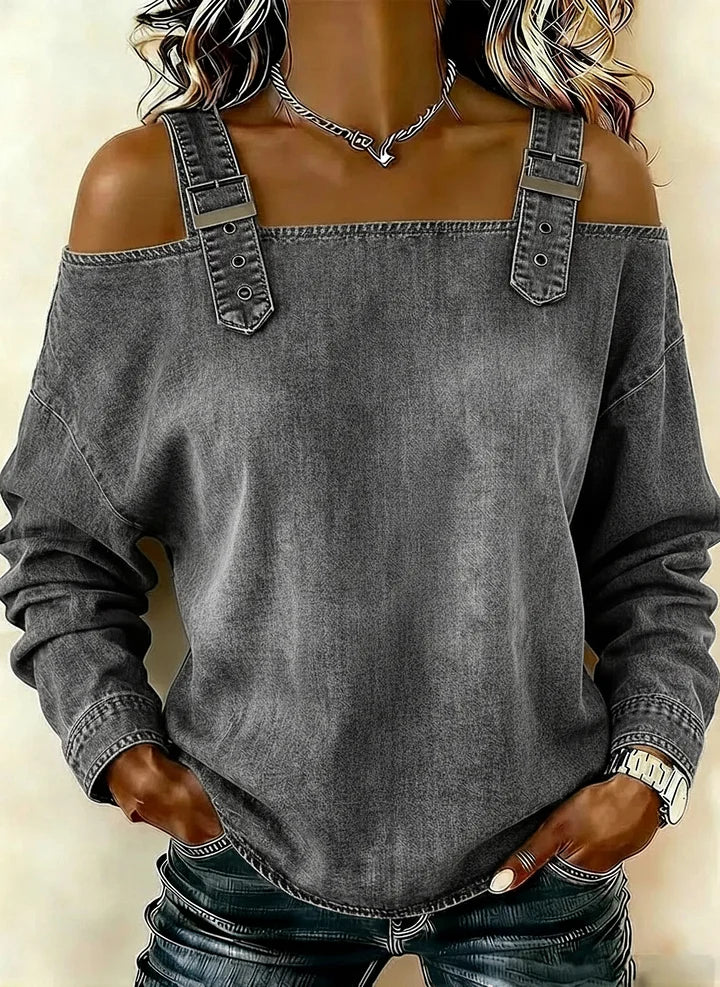 Woman‘s Retro Off-the-shoulder Button-down Denim Long-sleeved Top