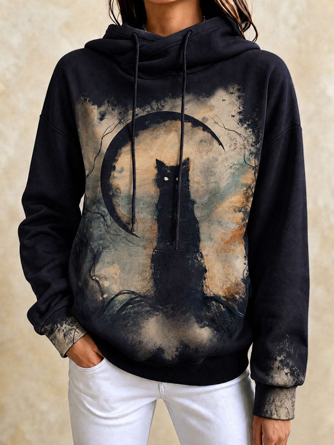 Women'S Halloween Black Cat Printed Casual Hoodie