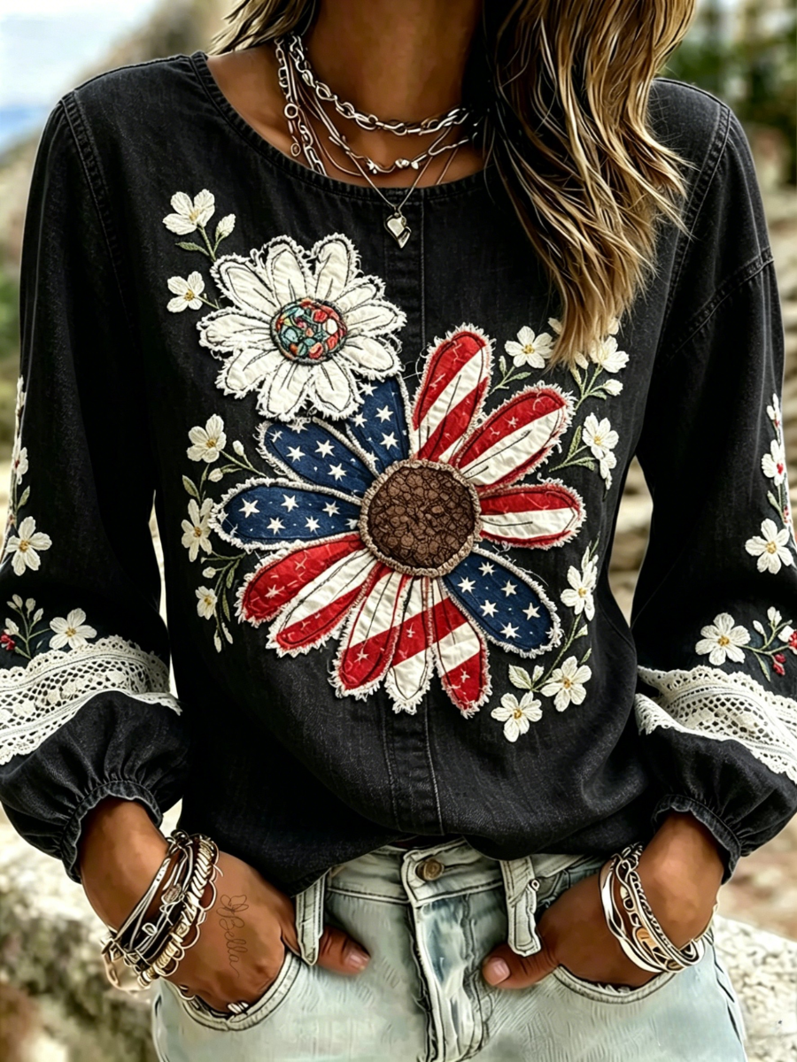 Women's 250 Years Of Freedom Flower Art Print round neck top
