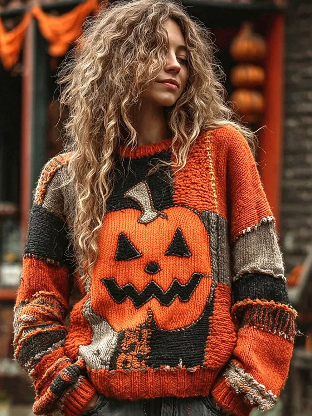Women's Pumpkin-Pattern Crew-Neck Drop-Shoulder Sweater
