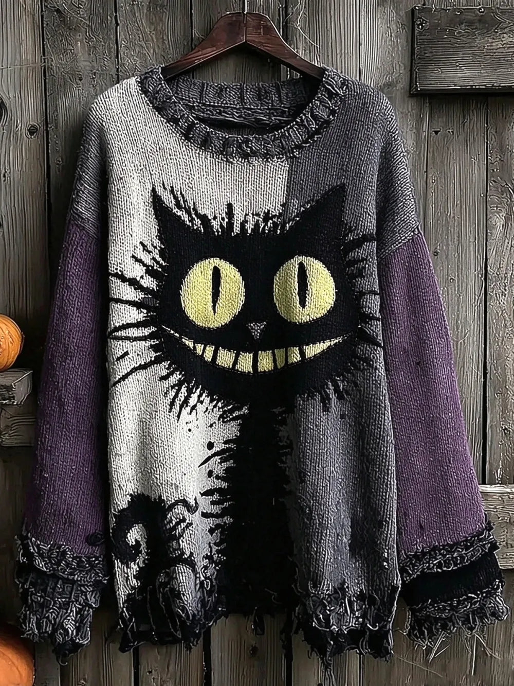 Women's Cat-Pattern Crew-Neck Drop-Shoulder Sweater