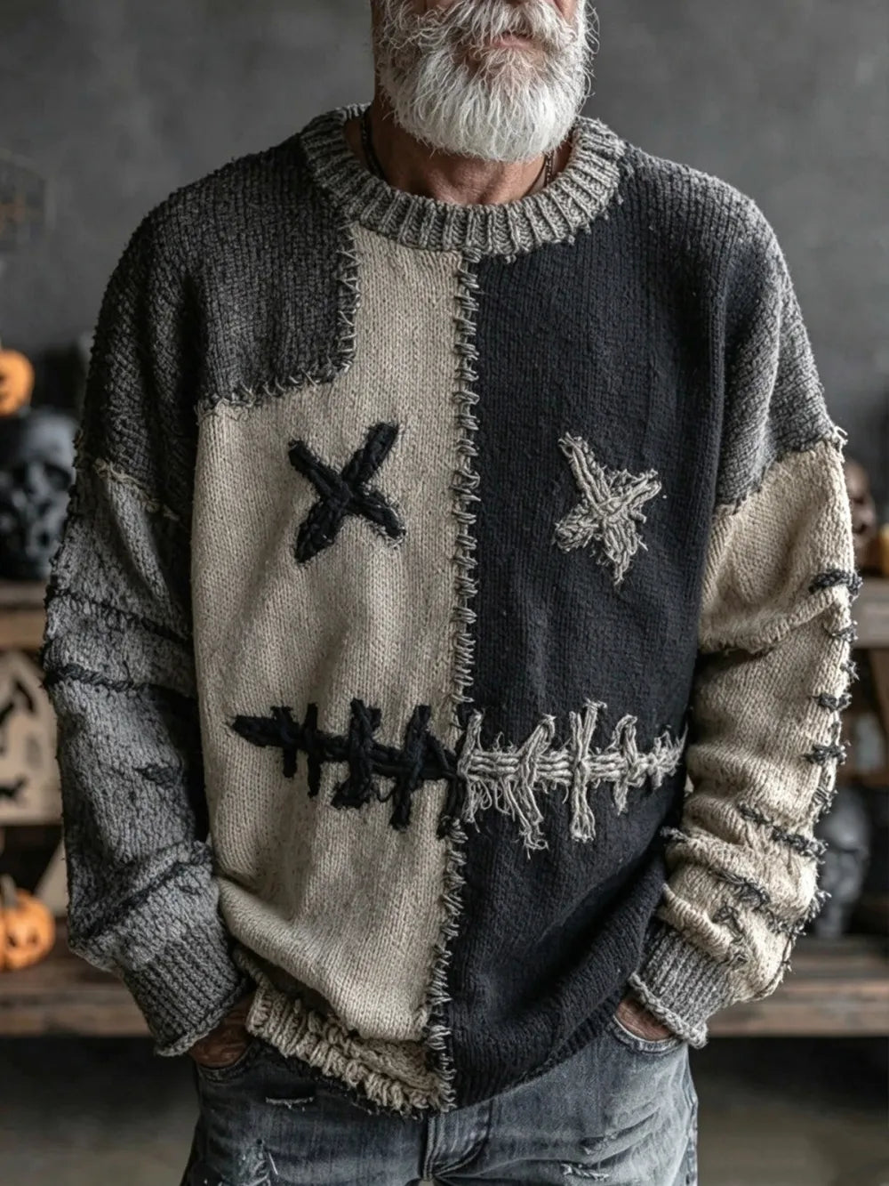 Men's Halloween Evil Expression Long-Sleeve Knit Sweater