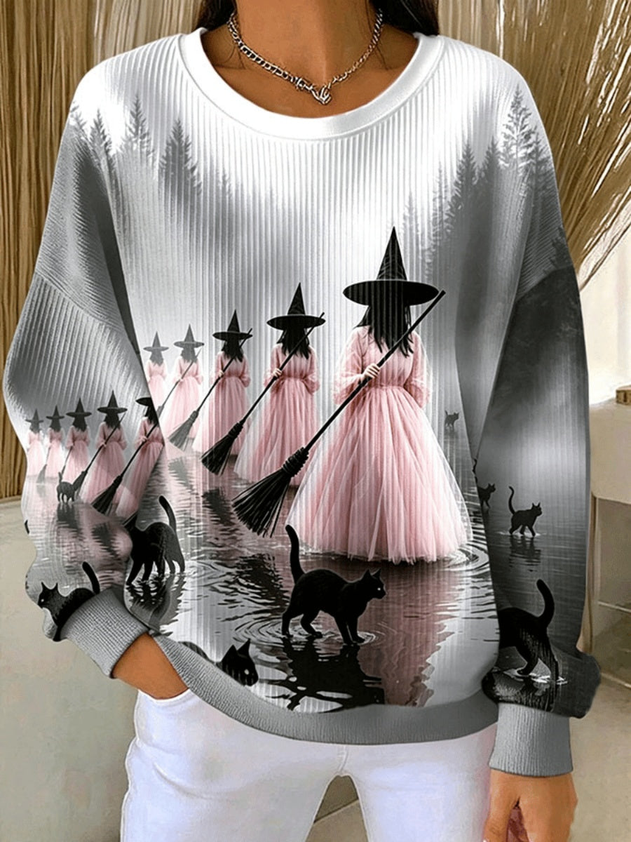 Women'S Pink Witch Theme Print Casual Sweatshirt