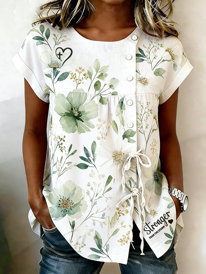 Women's round neck red Friday print linen top