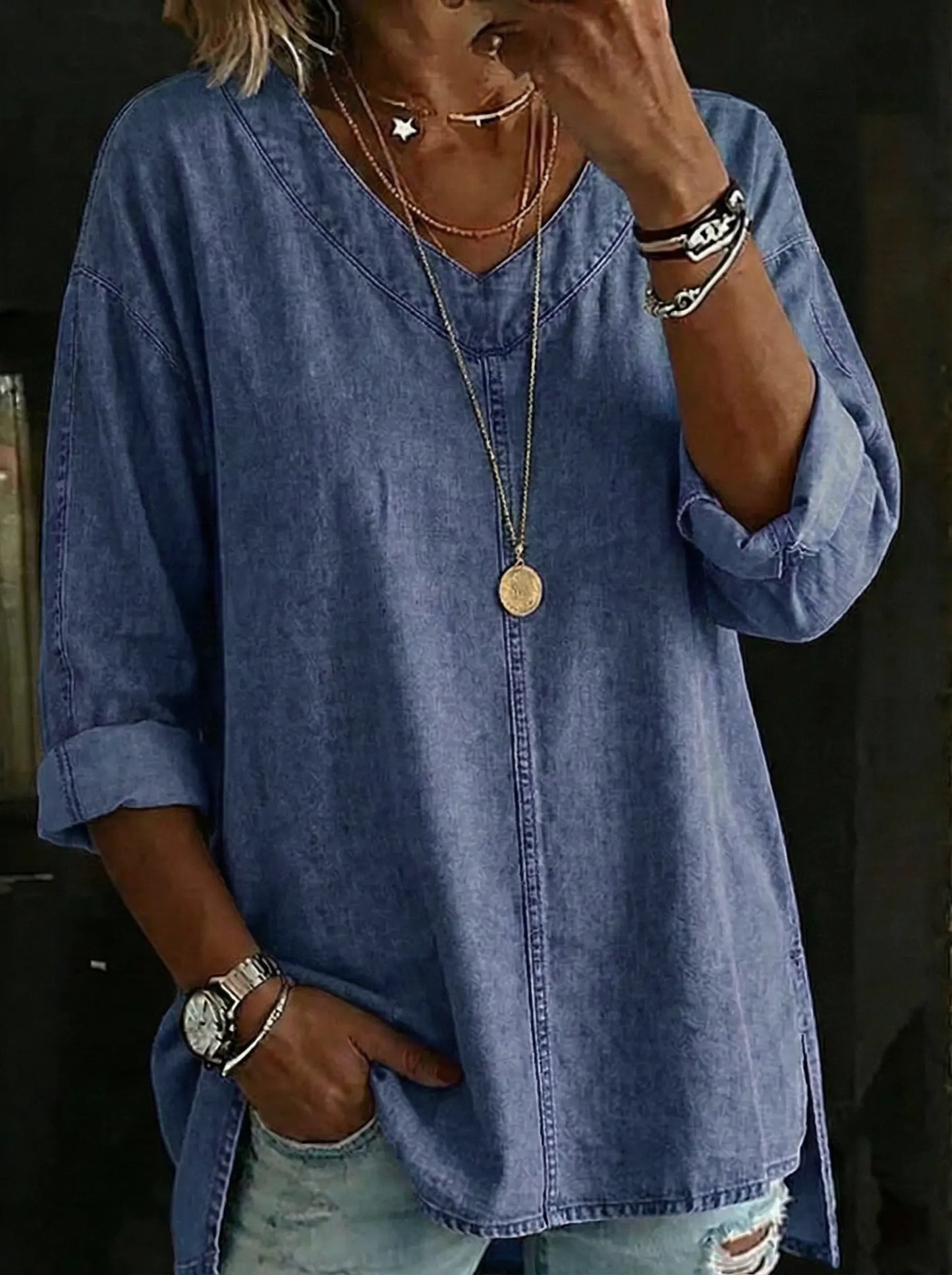 Women's Retro Casual Washed Denim Cotton Top