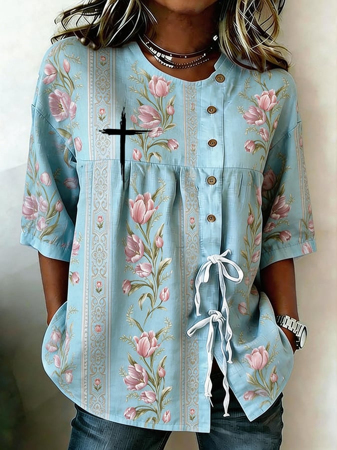 Women's Faith Floral Print Half Sleeve Casual Blouse