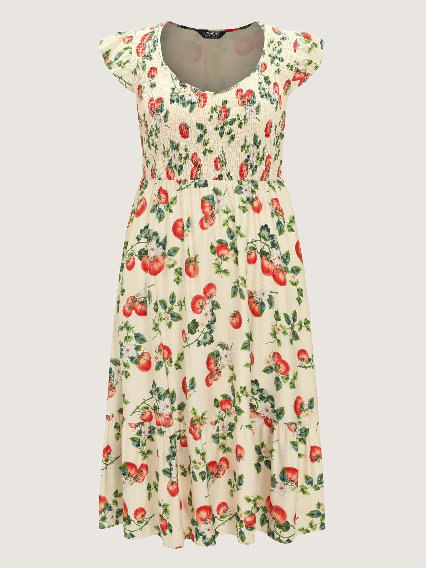 Zesty Fruit Print Shirred Bodice Midi Dress