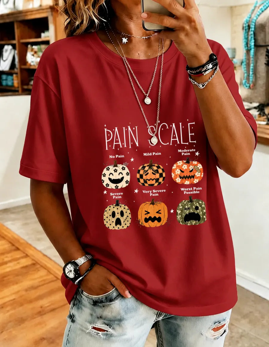 Women's Halloween Fun Pumpkin Pain Scale Print Cotton T-Shirt