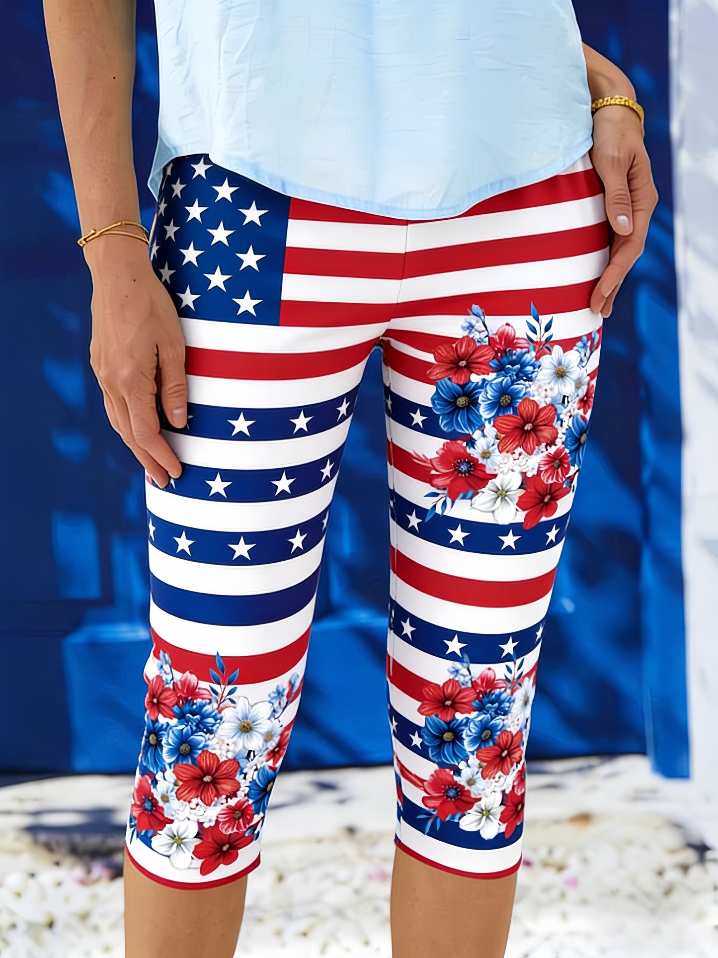 Women's American Patriotic Capri Leggings | Red White Blue Floral Flag Print Stretch Mid-Calf Pants