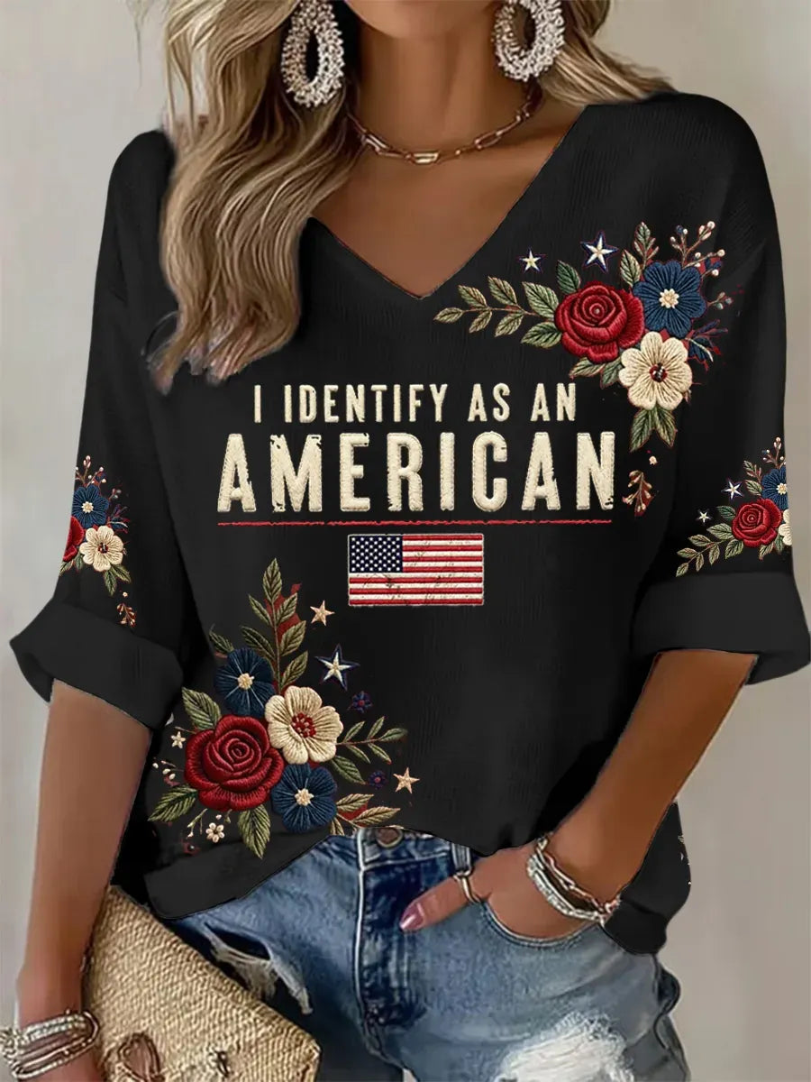 Women's American Flag Printed Casual Waffle Long Sleeve T-shirt