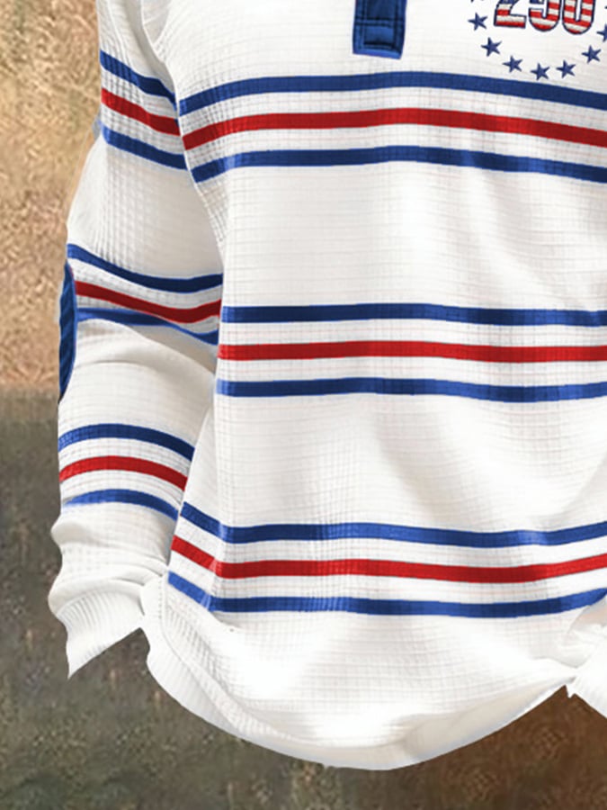 Men's Casual Retro Patriotic Red, Yellow, And Blue Striped Waffle-Knit Henley Shirt