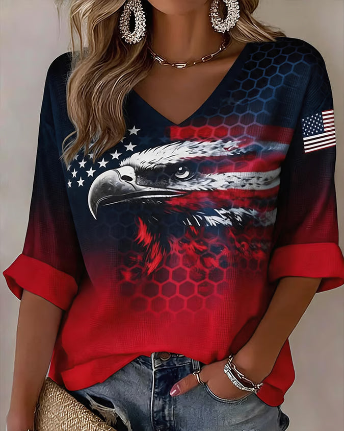 American Flag and Eagle Graffiti Print V-neck Half Sleeved Loose Top