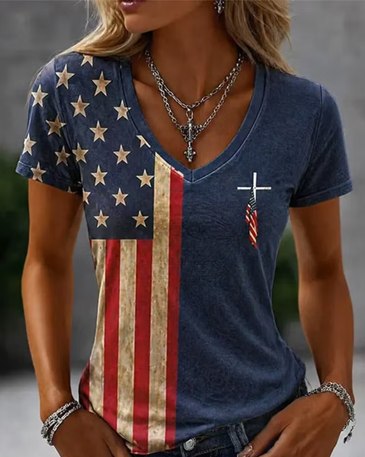 American Flag Cross Print V-neck Short Sleeve Tshirt