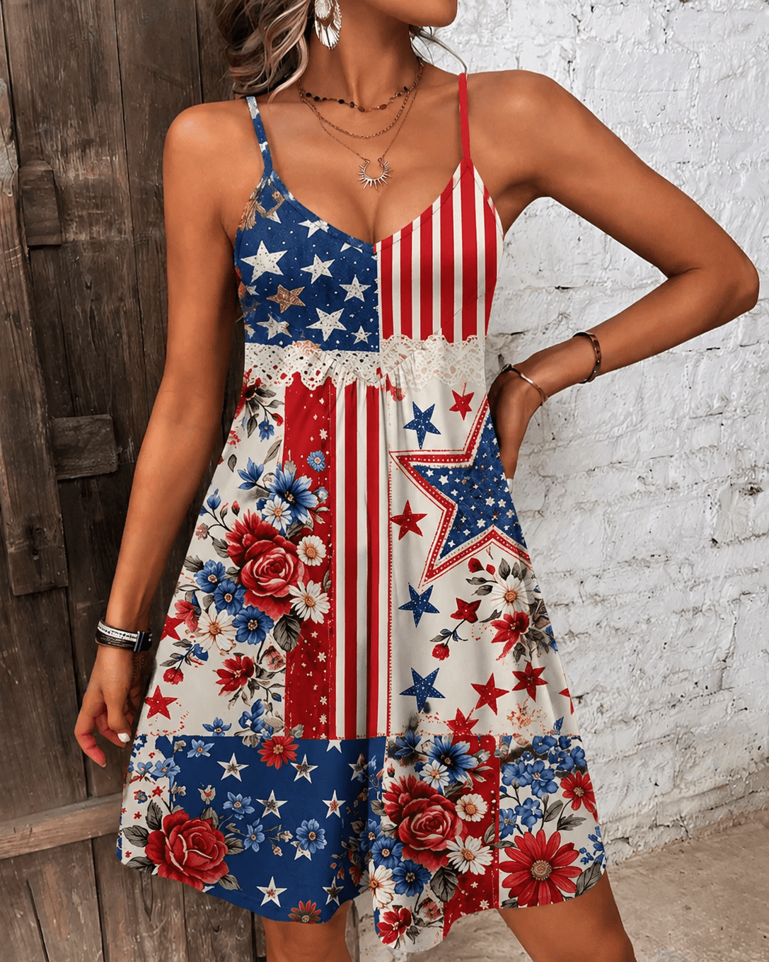 American Flag Rose Star Lace Patchwork Print Cami Mini Dress