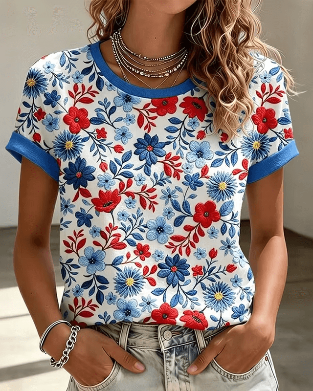 Colorful Small Floral Print Crew Neck Short Sleeve Tshirt
