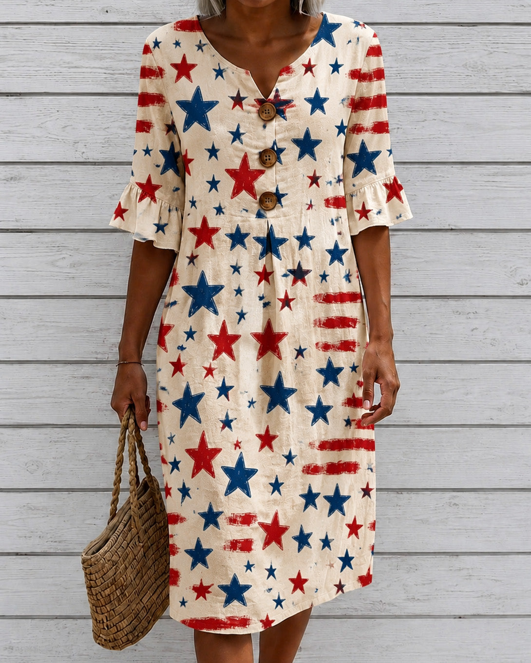 Contrast-Stripe Stars Print Cotton-Linen Lace Sleeves Midi Dress