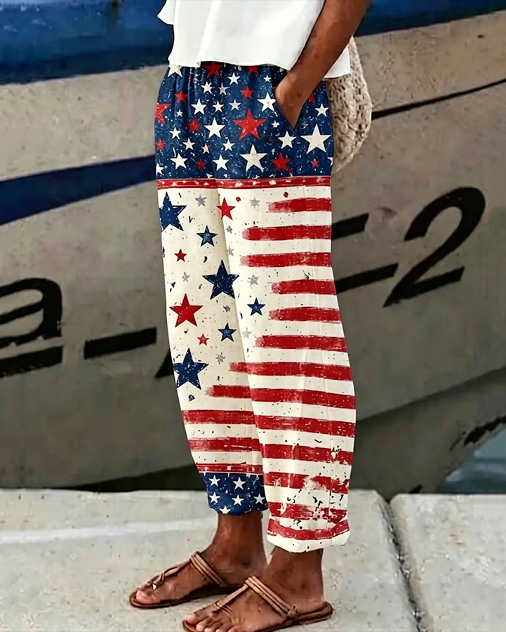 Contrasting Color Graffiti National Flag and Stars Print Casual Pants