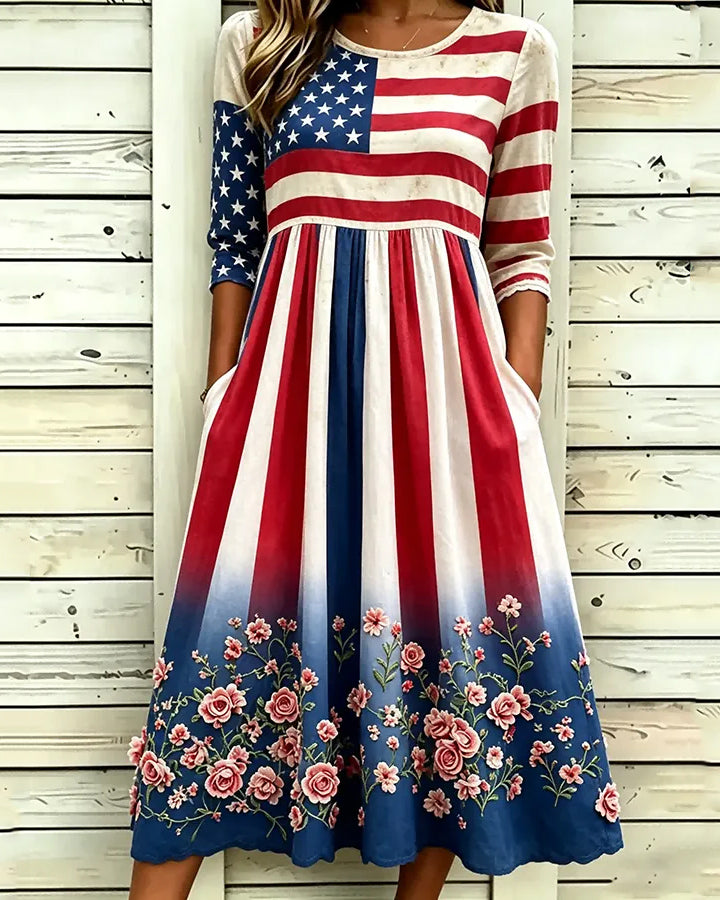 Flag Stripes and Floral Patchwork Print Pocket Casual Dress