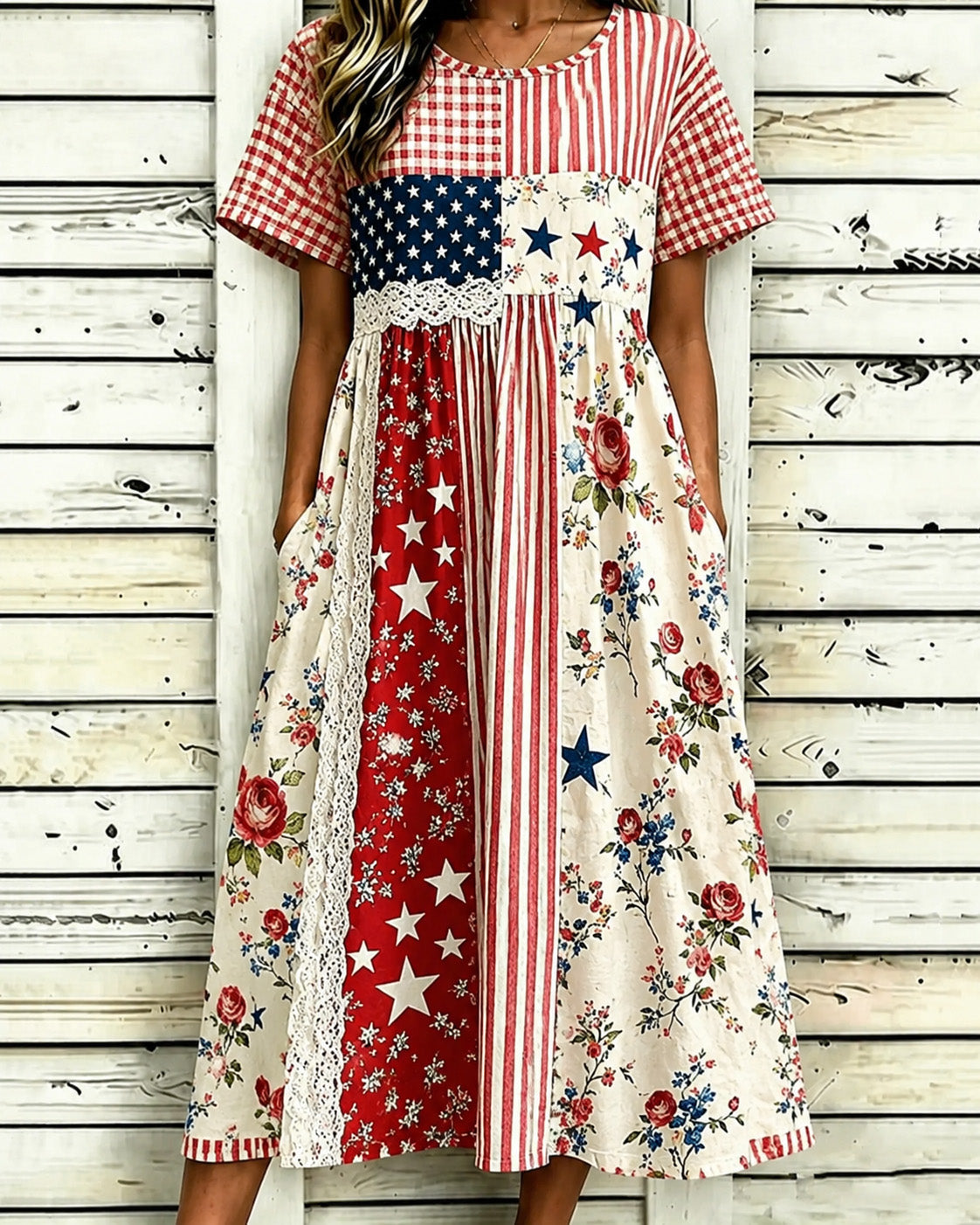 Floral Striped National Flag Patchwork Print Pocket Casual Dress