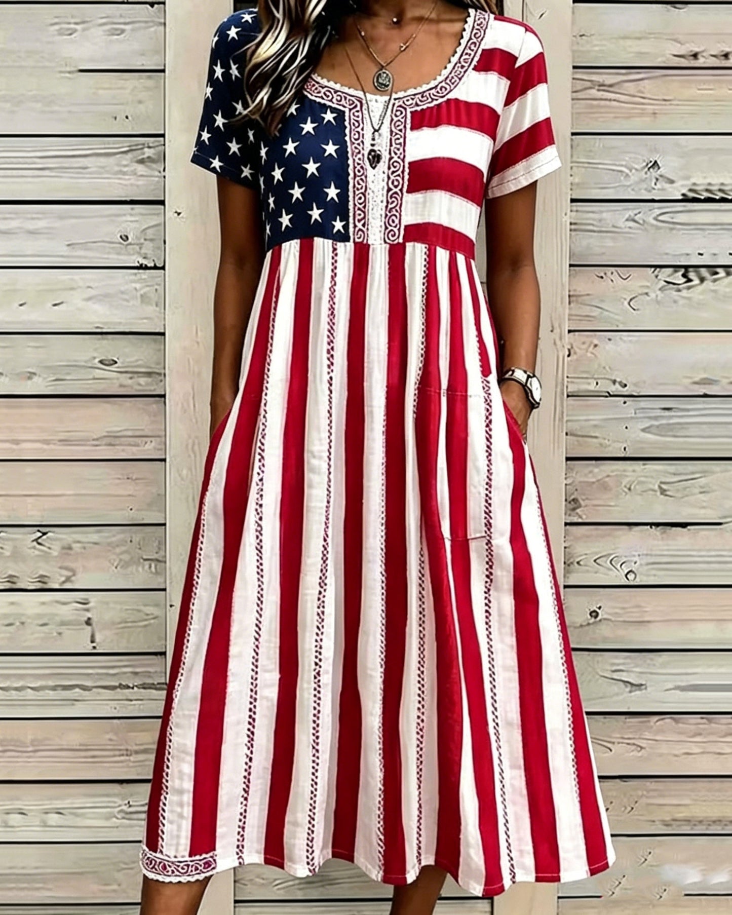Fun American Flag Print Pocket Casual Dress