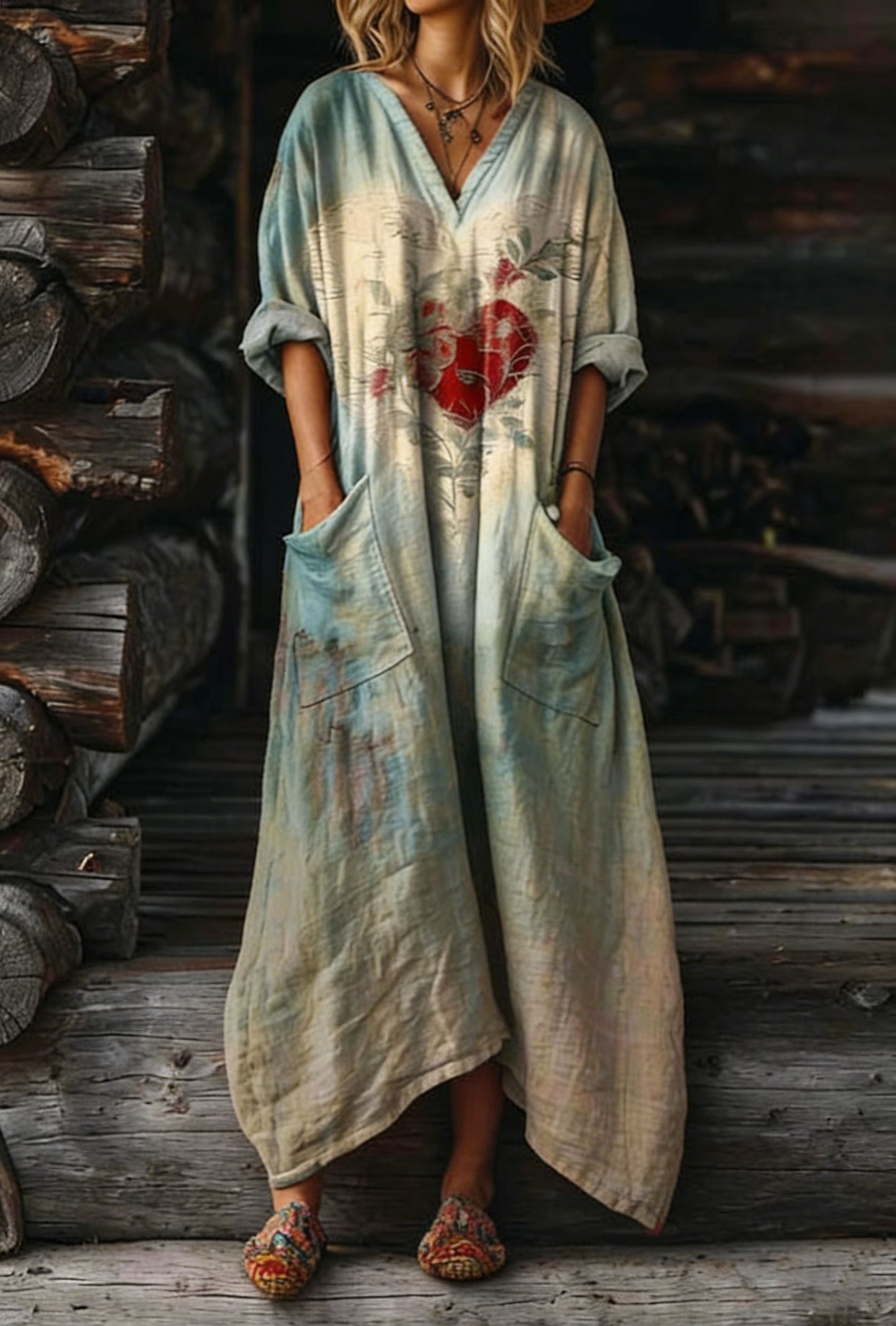 Women's Vintage Ethnic Tattoo Pattern Art Print Pocket V-Neck Cotton Dress