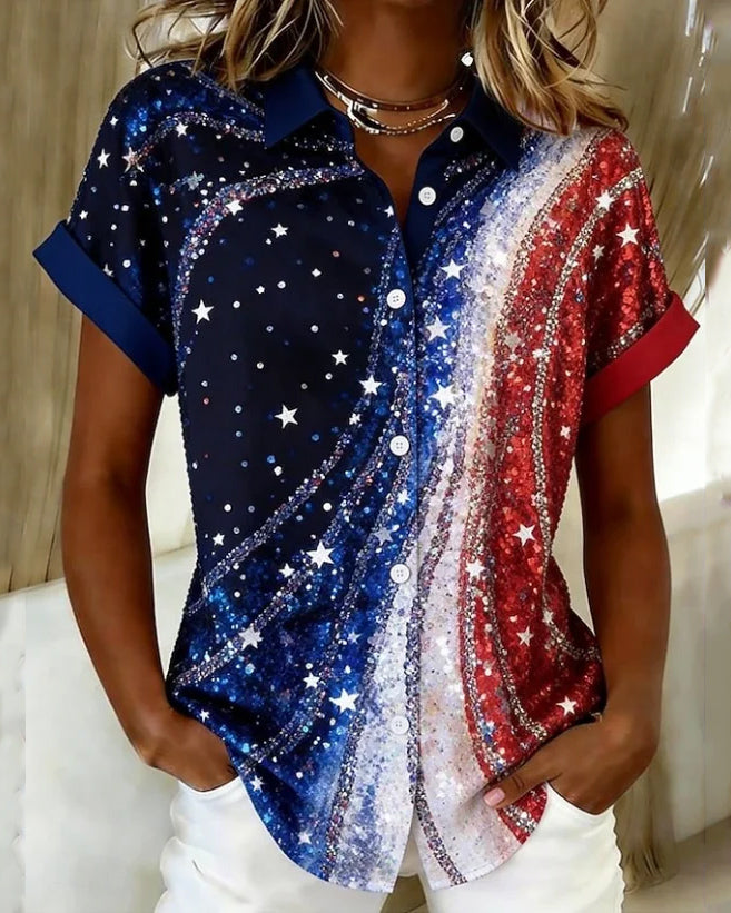 Striped Color-blocked Stars Print Lapel Button-Down Short-Sleeved Shirt