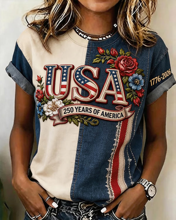USA Rose Print Crew Neck Short Sleeve Tshirt