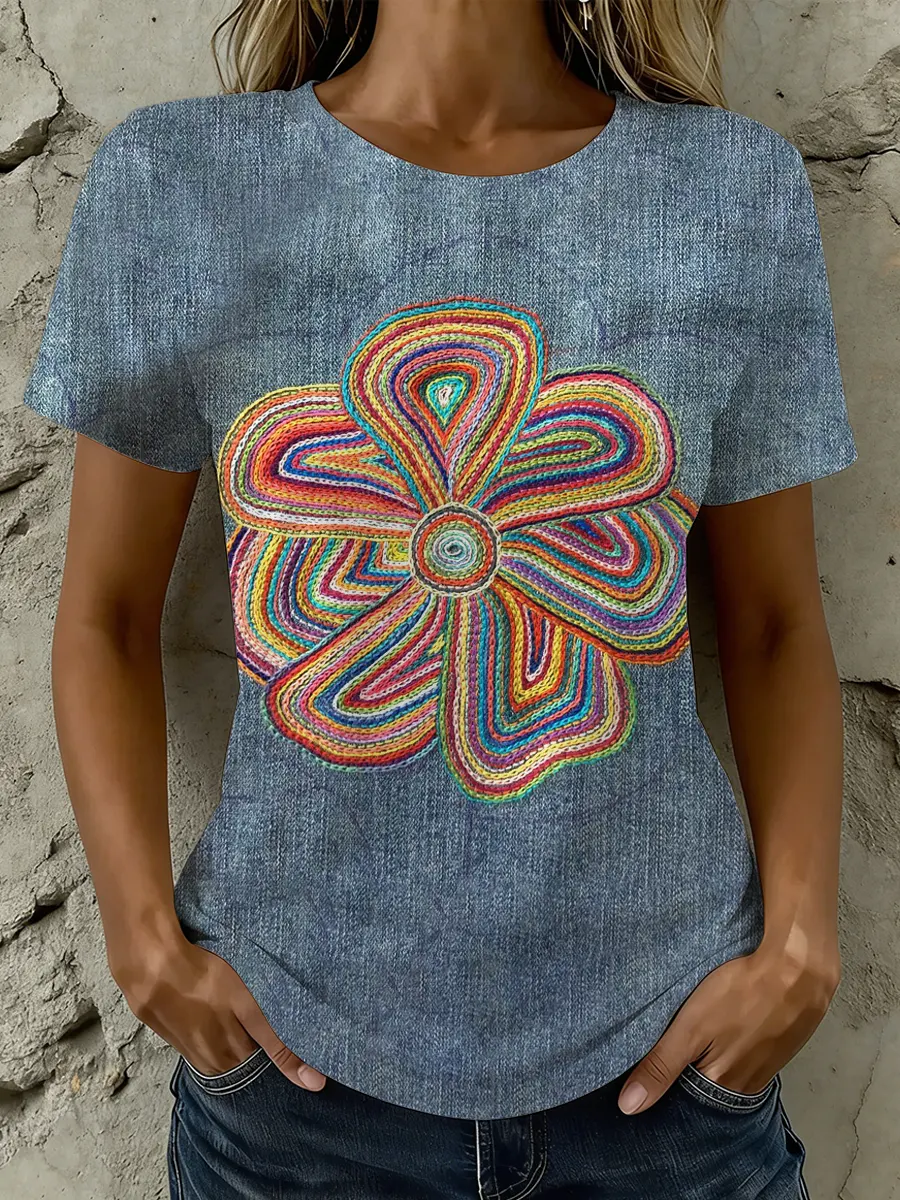 Faux Denim Multicolor Floral Print Cotton Short Sleeved T-shirt