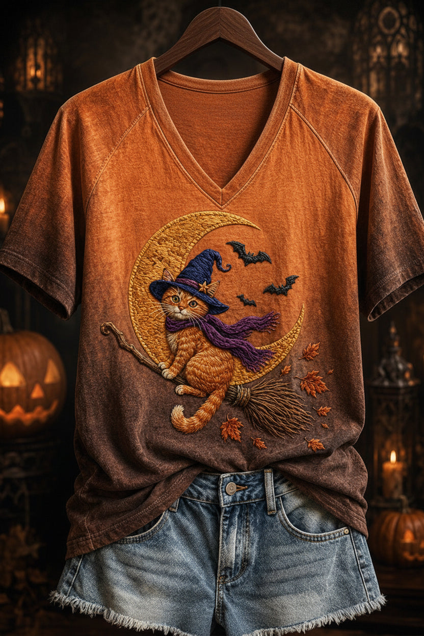 V Neck Halloween Cat Print T-Shirt
