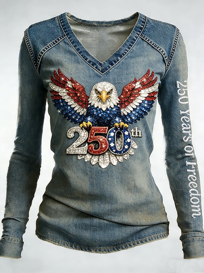 Women's distressed V-neck top with flag patchwork design