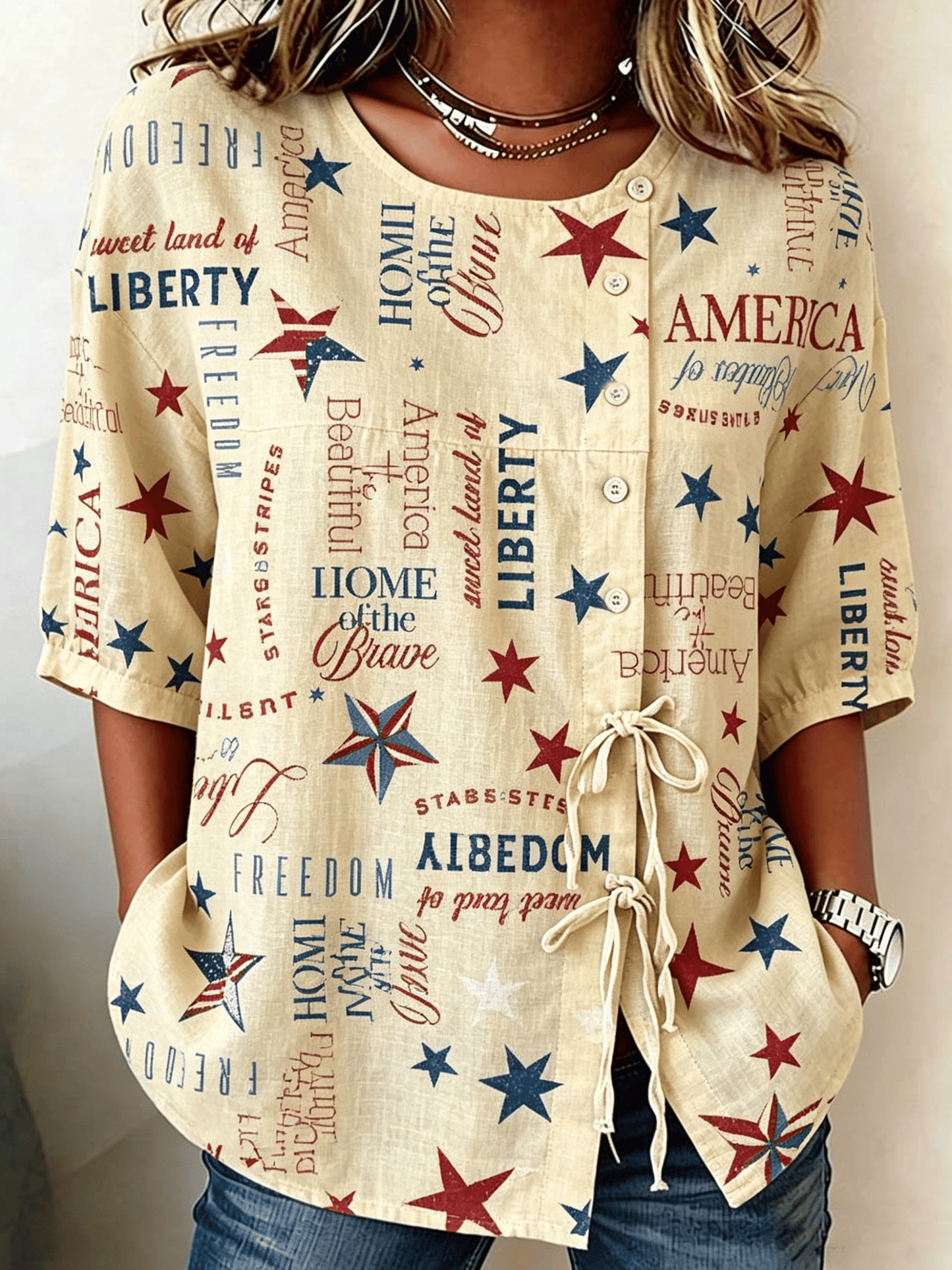 Women's Cotton Linen USA 250th Anniversary Print Shirt