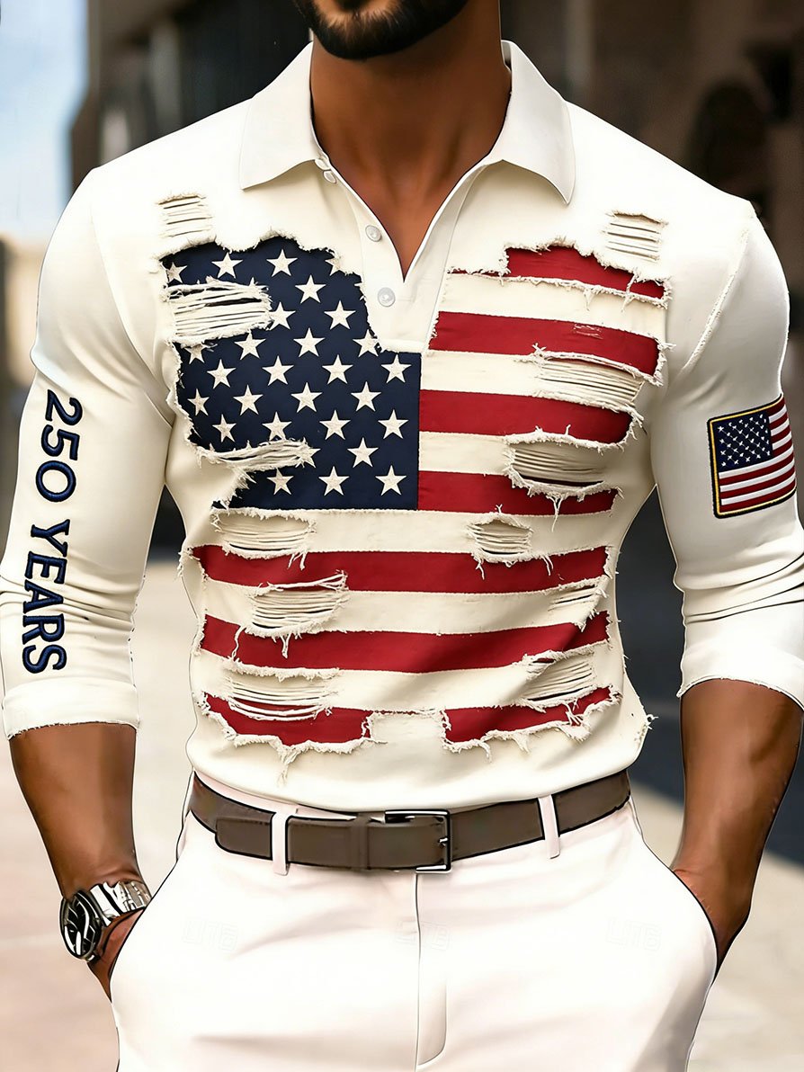 Men's 250th Anniversary of the Founding of the United States Printed Long-Sleeve Polo Shirt