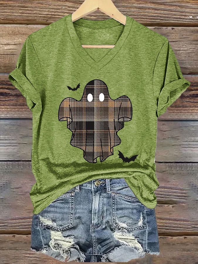 🔥HOT SALE🔥V-Neck Retro Halloween Ghost & Bats Flannel Plaid Print T-Shirt