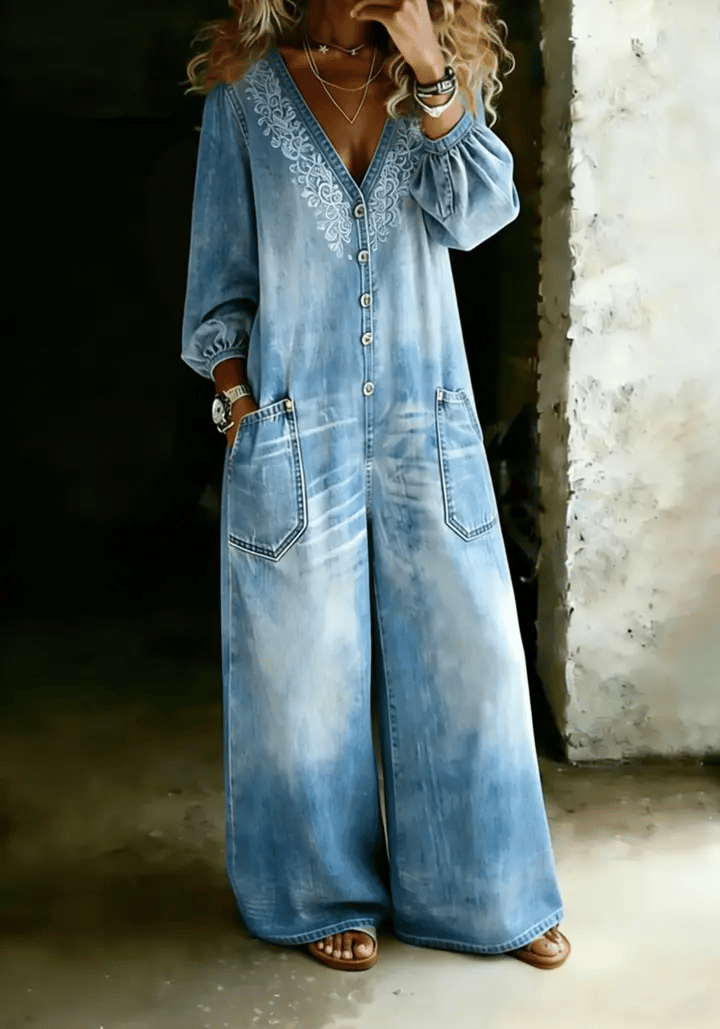 Women's Retro Button V-neck Floral Wide-leg Denim Jumpsuit With Pockets