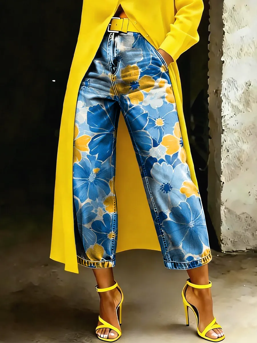 Woman's Casual Loose Multicolored Floral Print Jeans