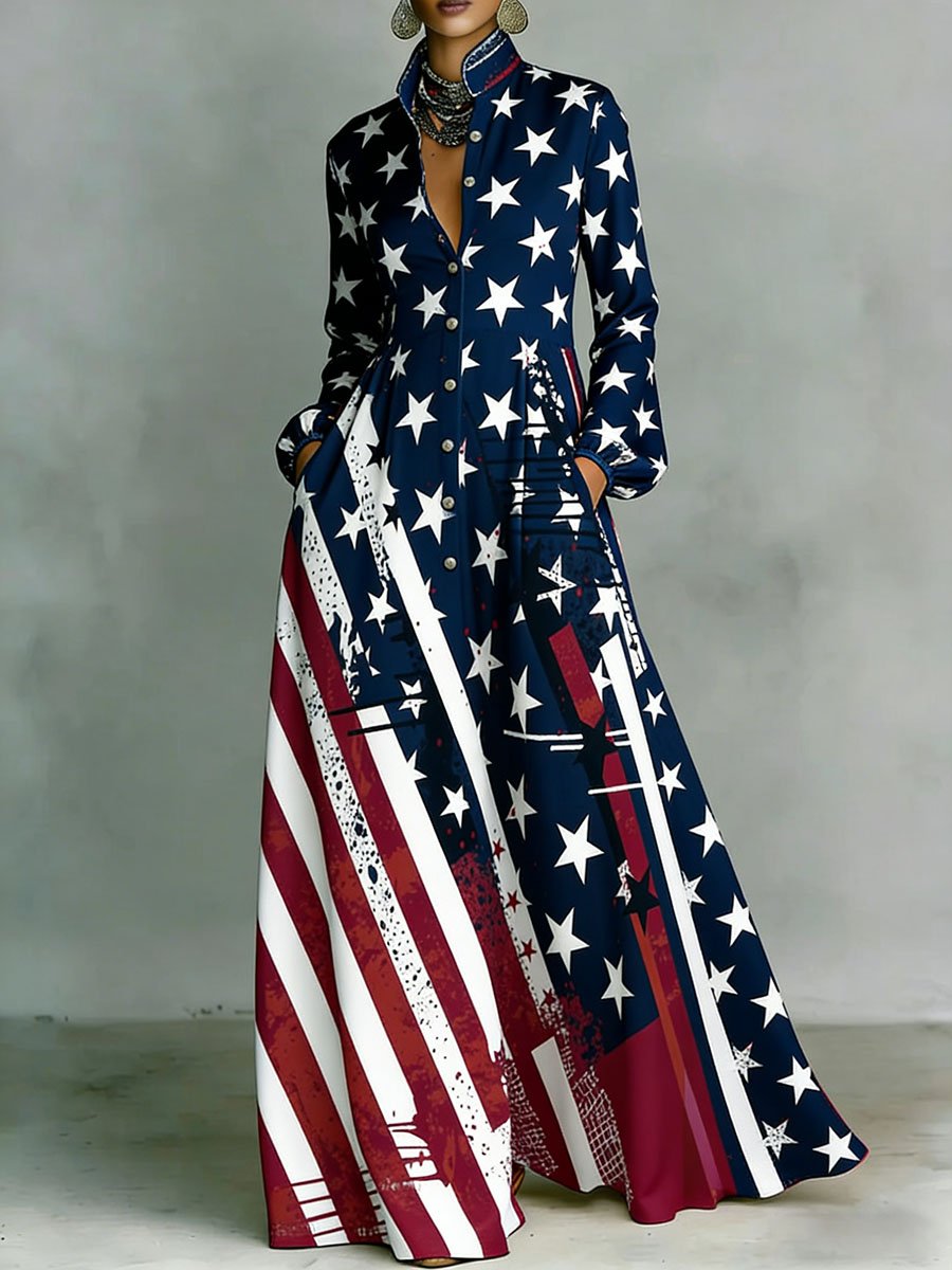 Women's Vintage American Flag Art Casual Maxi Dress