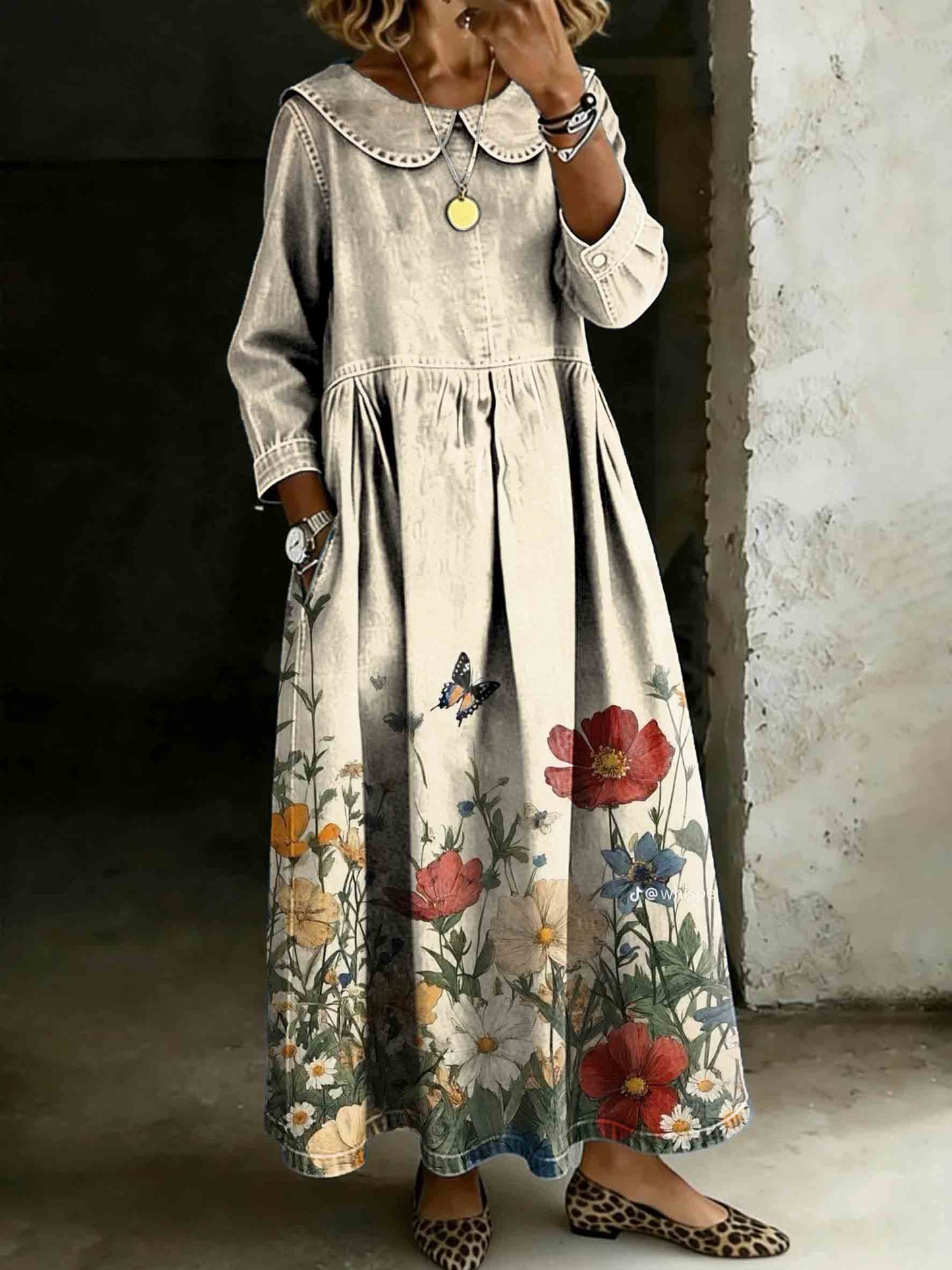 Women's Vintage A Spring Garden Art Lapel Collar Pleated Long Sleeve Casual Loose Denim Dress