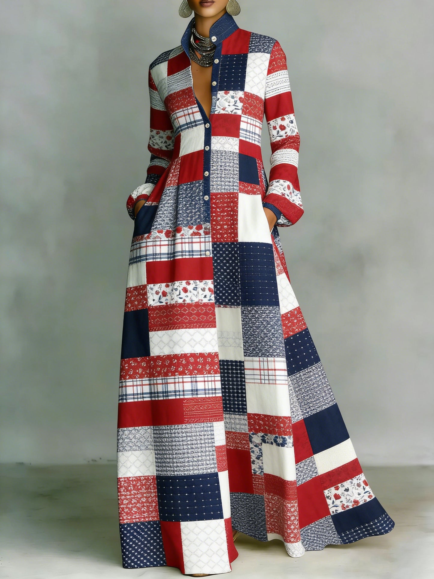 Women's Vintage American Flag Art Casual Maxi Dress