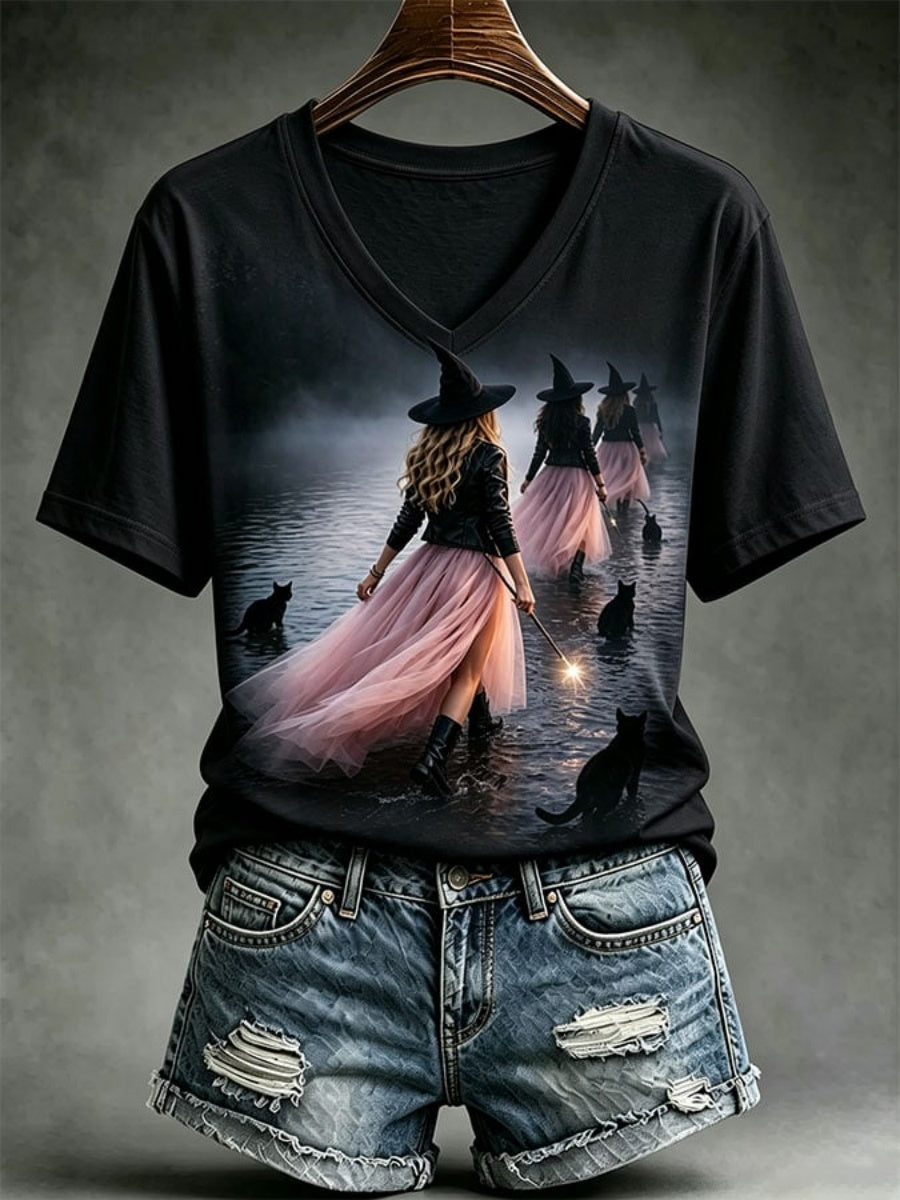 Women's Pink Witch-Themed V-Neck T-Shirt