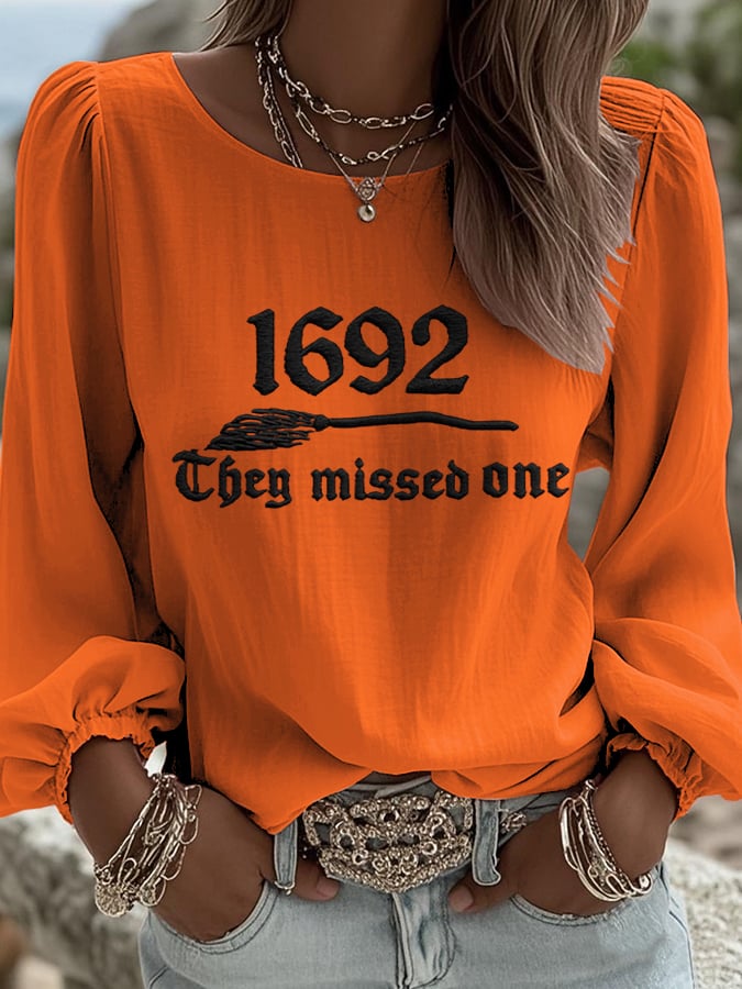 Women's 1692 They Missed One Print Round Neck Long Sleeve Linen Blend Shirt