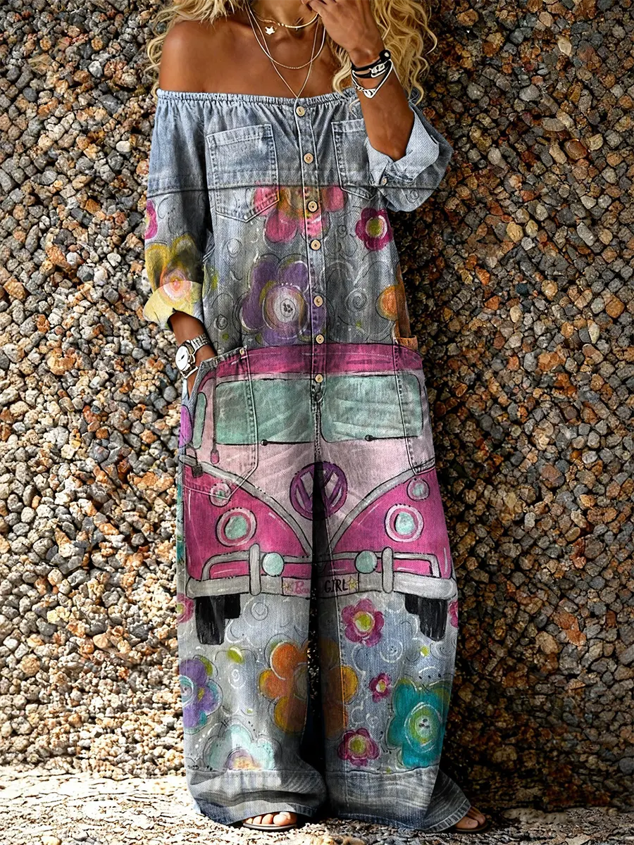 Women's Hippie Pattern Art Print Casual Long-sleeved Washed Cotton Denim Jumpsuit