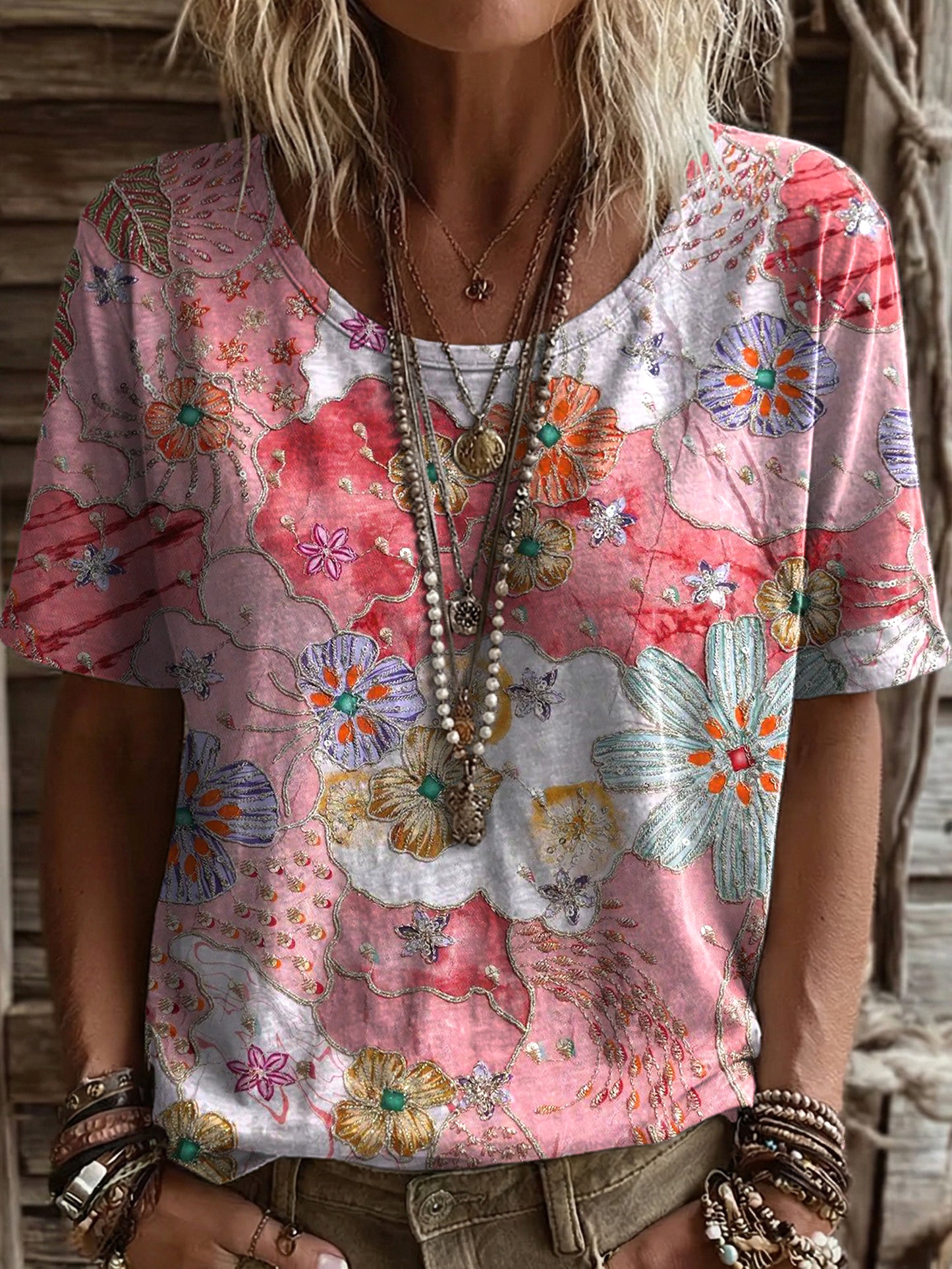 Women's Vintage Ethnic Pink Collage Floral Art Print Casual Round Neck Short Sleeve Cotton T-shirt