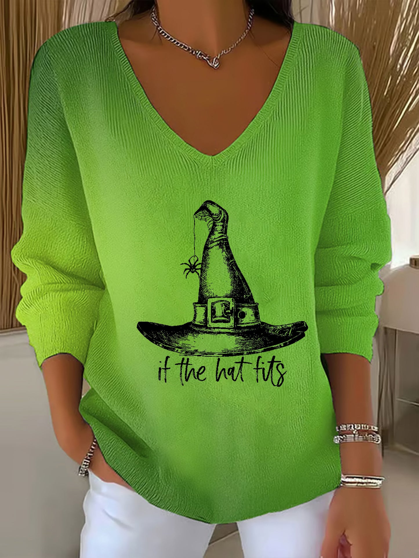 Women's Autumn Halloween Witch Hat Gradient V-Neck Casual Holiday Top