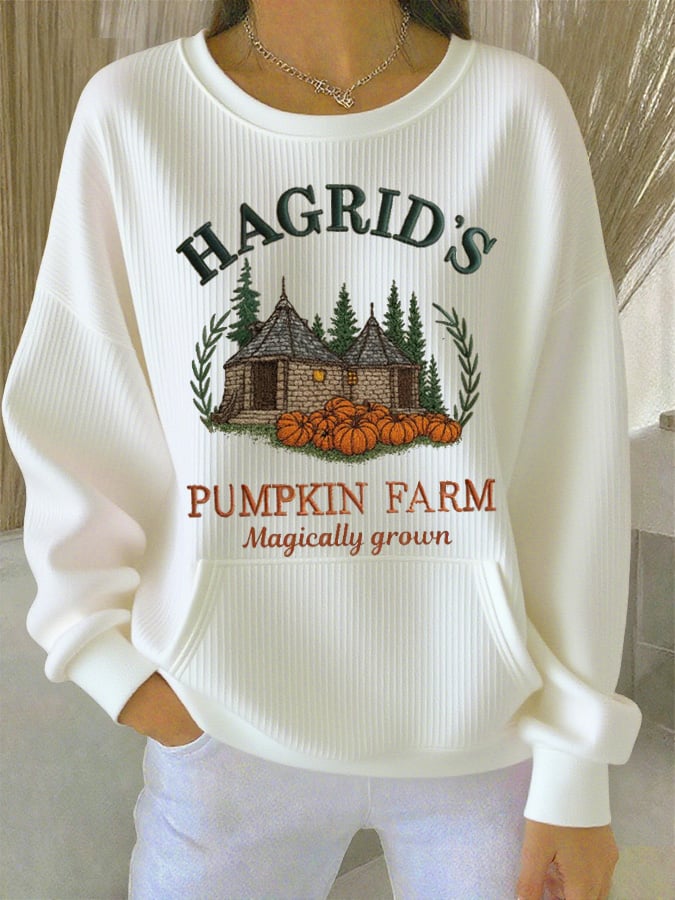 Women's Autumn Wizard Pumpkin Farm Print Casual Crew Neck Pocket Top