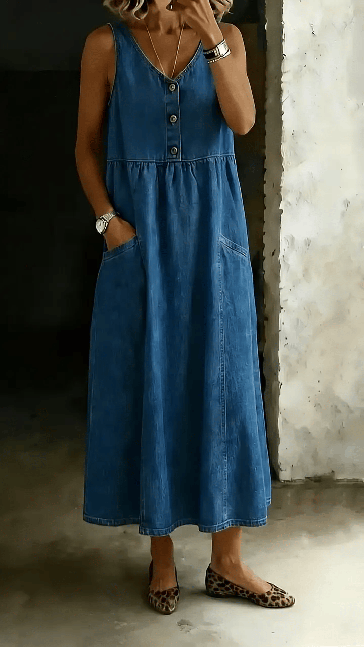 Women's Casual V-neck Sleeveless Denim Maxi Dress With Pockets