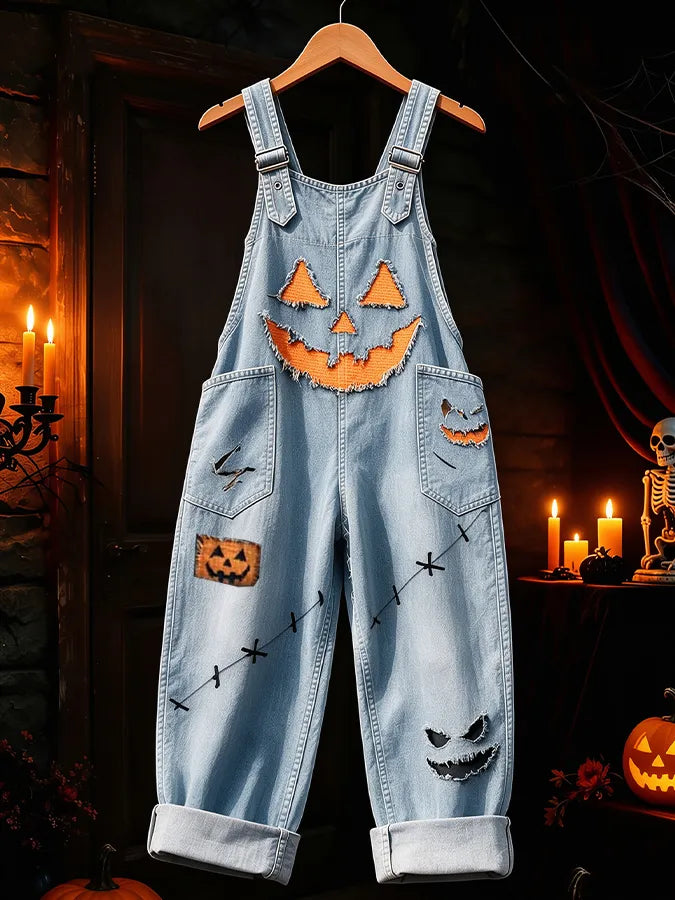 Women'S Halloween Printed Synthetic Denim Jumpsuit