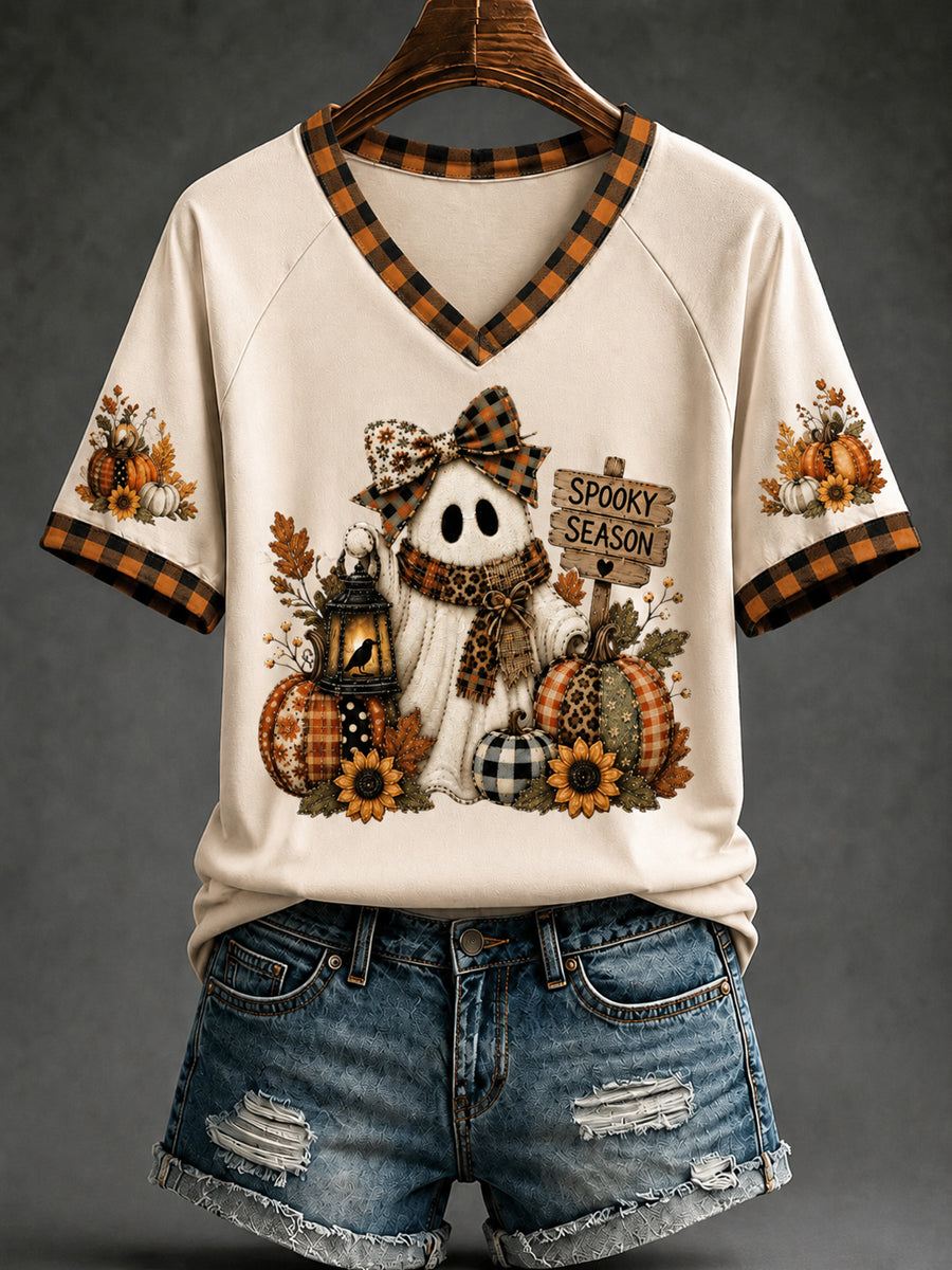 Women's Cozy Autumn Halloween Ghost Pumpkin Spice V-neck Short Sleeve T-shirt