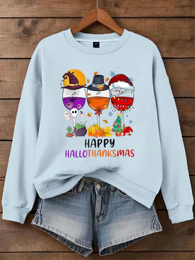 🔥HOT SALE🔥Women's Thanksgiving Wine Glass Art Printed Sweatshirt